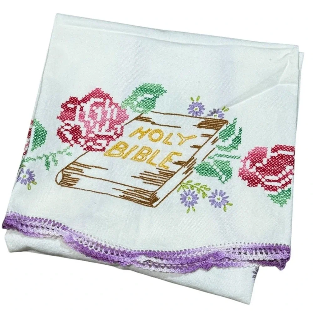 Vintage Cross Stitch Tea Towel Floral Bible Scripture‎ Linen Farmhouse